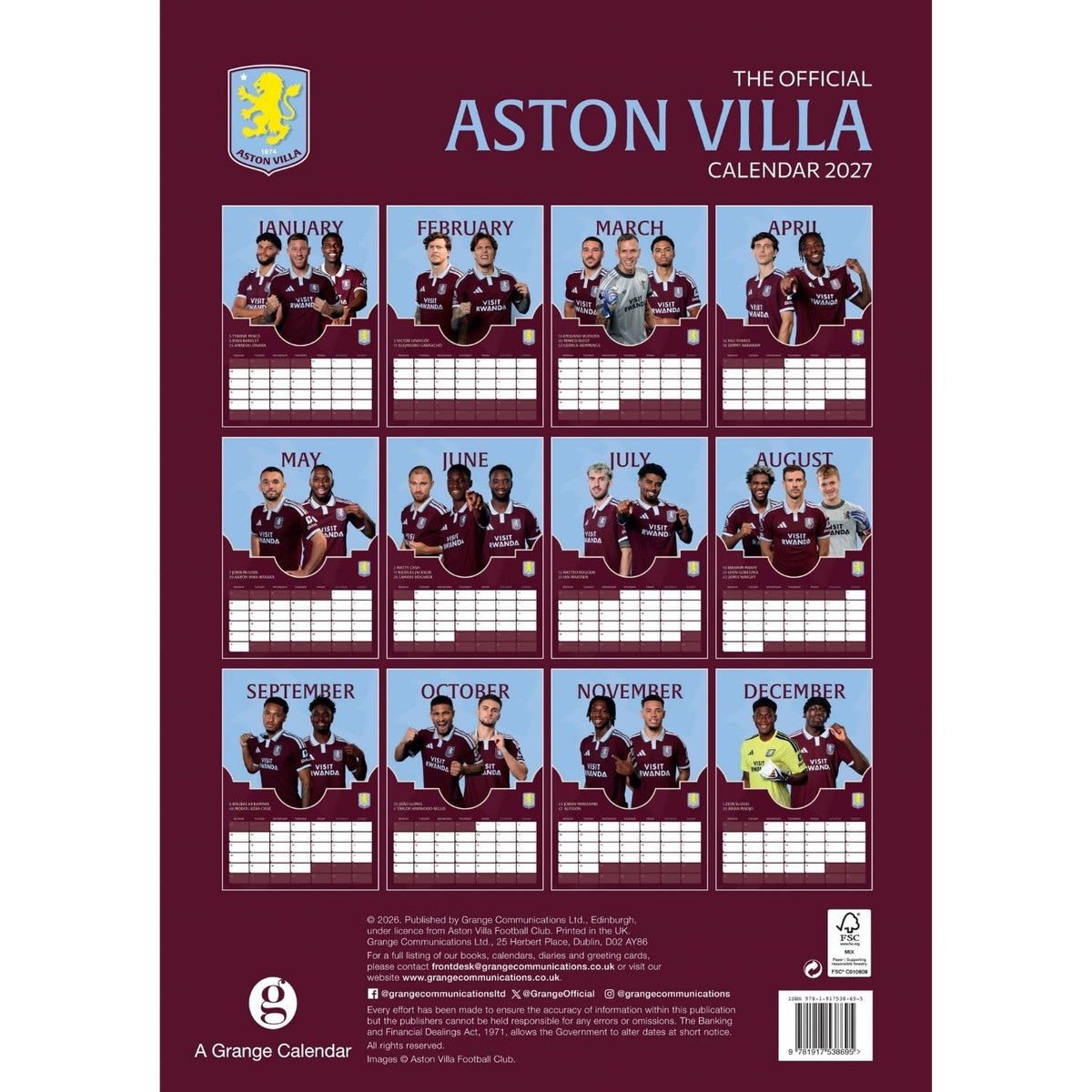 Aston Villa FC 2027 A3 Calendar