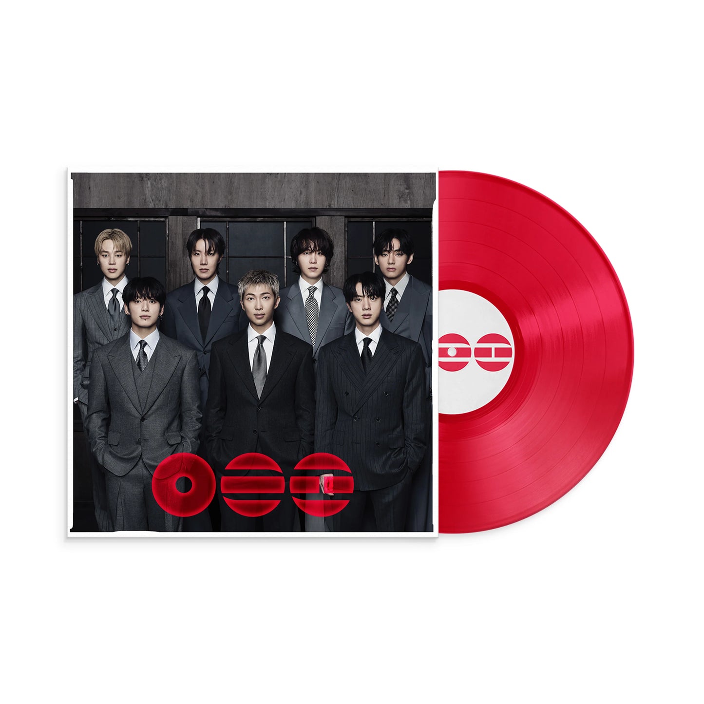Red vinyl record with a group photo on the cover