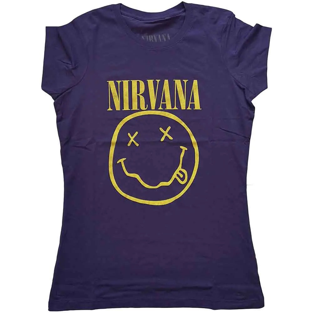 Nirvana Ladies Shirt Yellow Happy Face (Purple) Ireland Vinyl