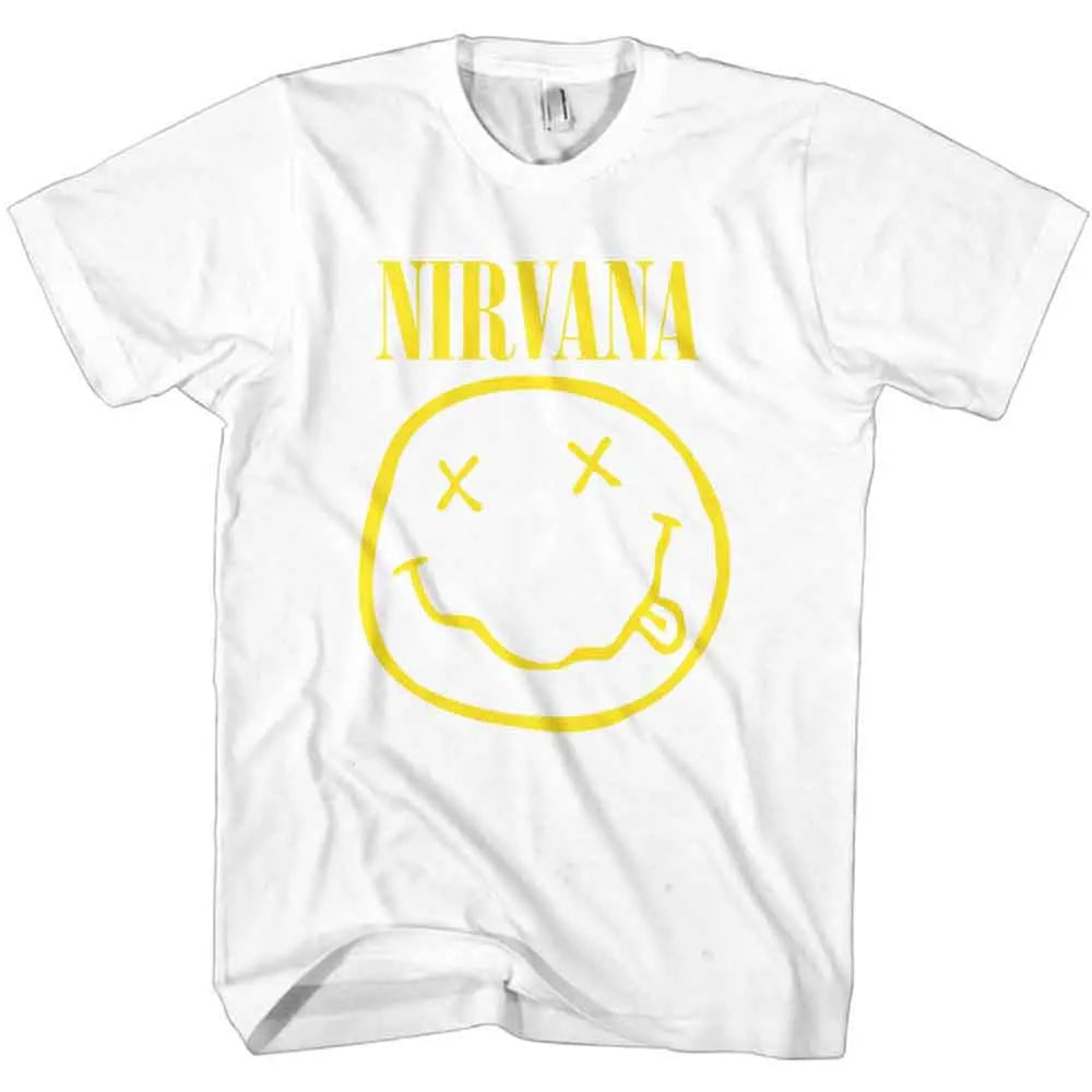 Nirvana Shirt: White with Yellow Happy Face Ireland Vinyl