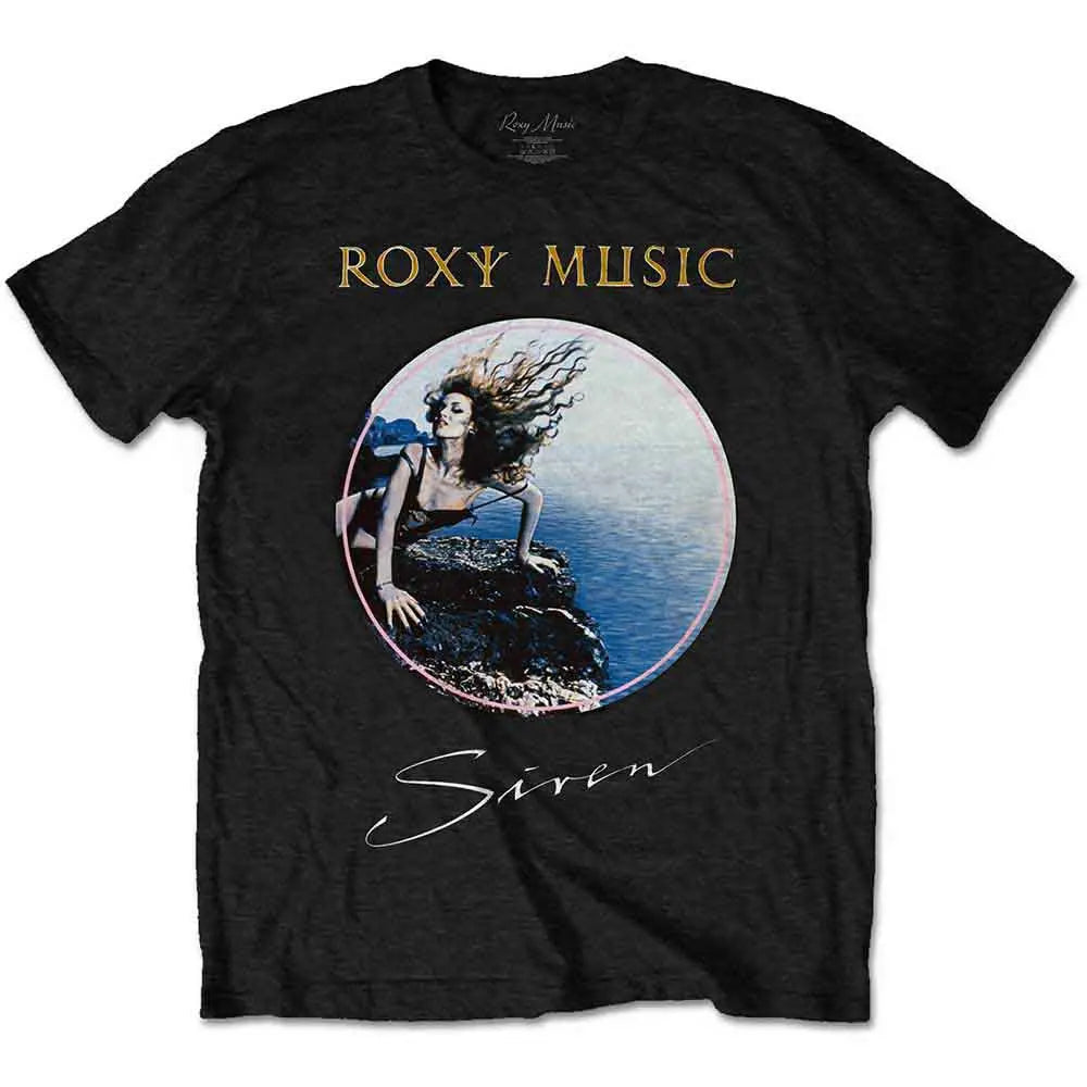 An official licensed Roxy Music Unisex T-Shirt featuring the 'Siren' design motif. This high quality T-Shirt is available in a black colourway. Style Description Classic fit soft-style cotton tee with short sleeves and crew neck, featuring front printing