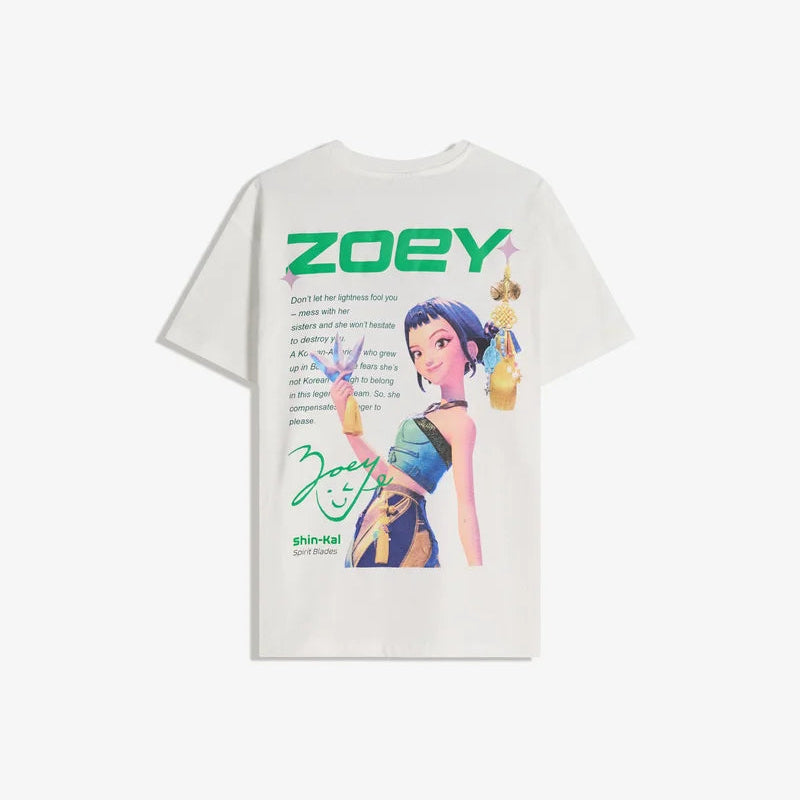 T-shirt with an illustration of a character and the name 'Zoey' on a white background