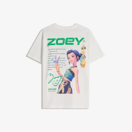 T-shirt with an illustration of a character and the name 'Zoey' on a white background