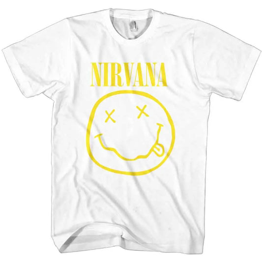 Nirvana Shirt: White with Yellow Happy Face Ireland Vinyl