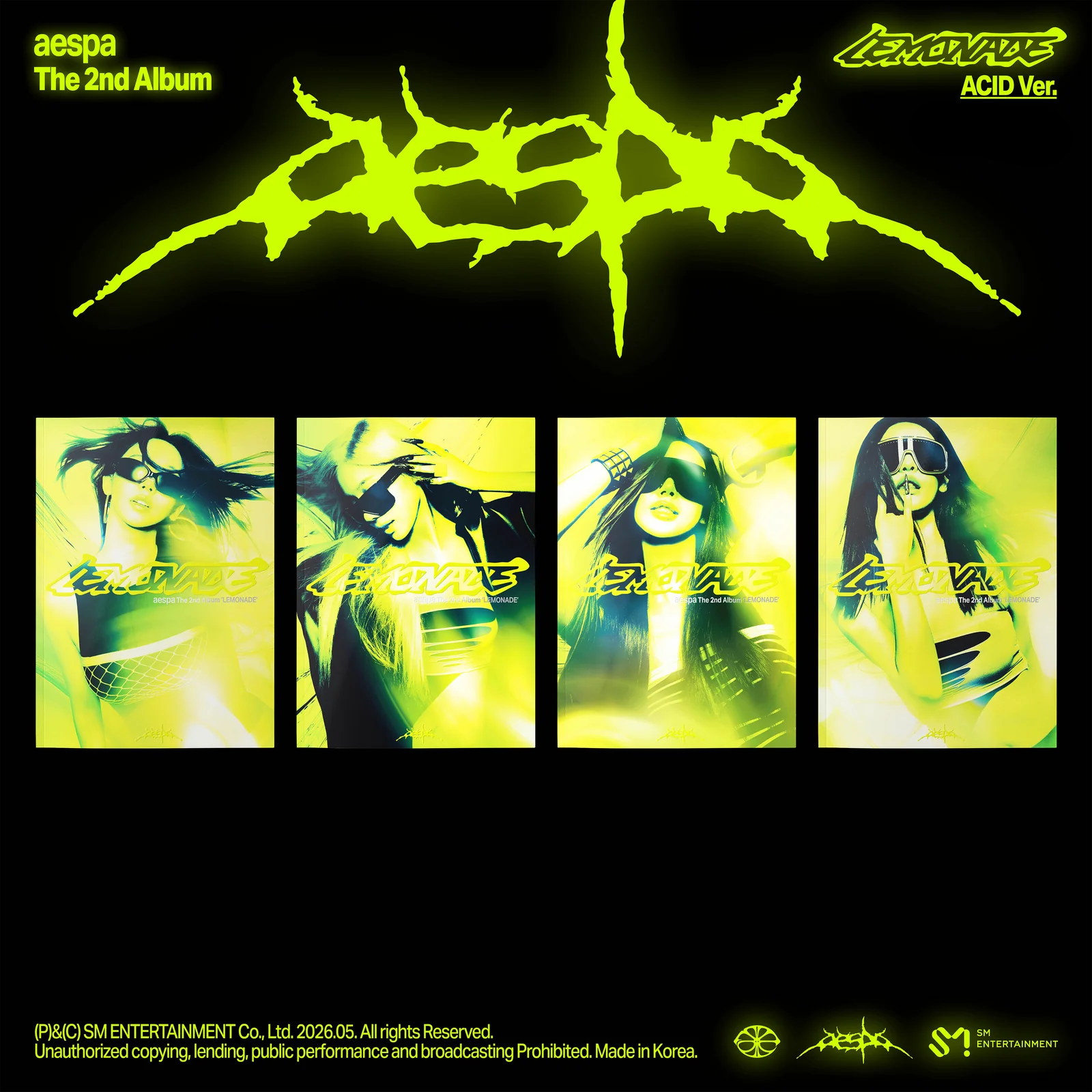 Album cover for aespa's 2nd album with neon green text and images on a black background.