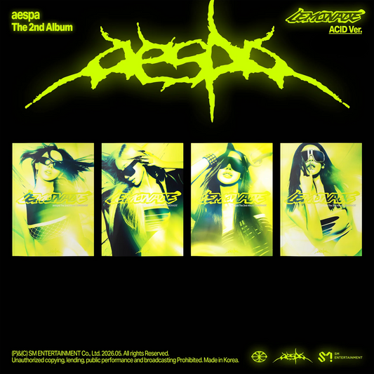 Album cover for aespa's 2nd album with neon green text and images on a black background.