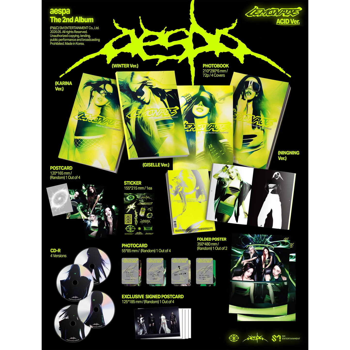 Promotional image of a music album package with various items including a photobook, postcards, and stickers.