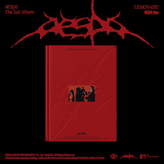 Red album cover with black text and graphics on a black background, featuring aespa branding.